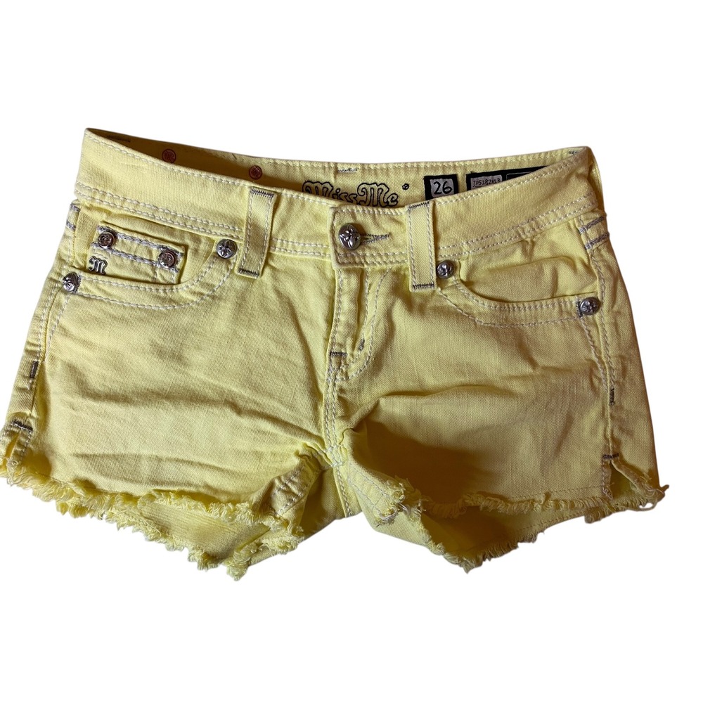 Miss Me Jean Shorts Yellow Denim Fleur De Lis Jeweled Embellished Size 26 - Picture 2 of 5